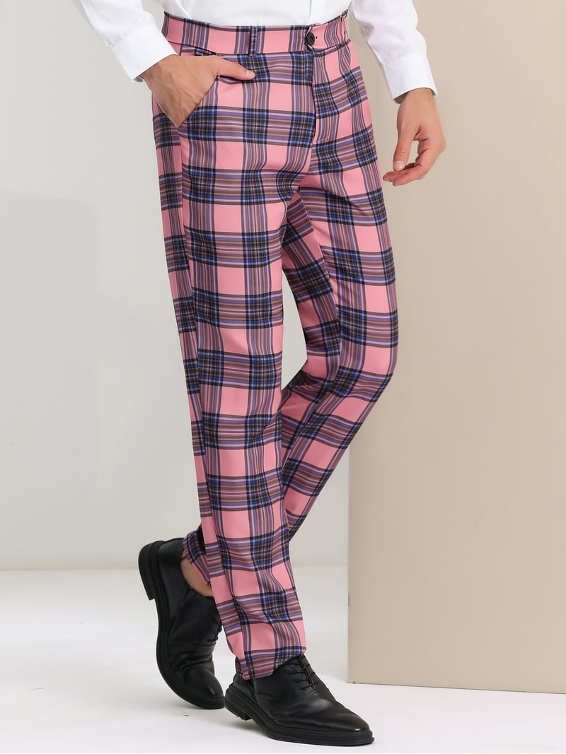 pink plaid dress pants Unique Bargains Men's Dress Pants Casual Flat Front Stretch Business Plaid  Pants 36 Pink Navy