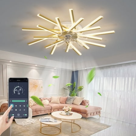 Eowynic 36 inch Modern Ceiling Fan with Dimmable LED Lights APP/Remote Control, Flush Mount 6-Speed Fan Light Chandelier for Bedroom