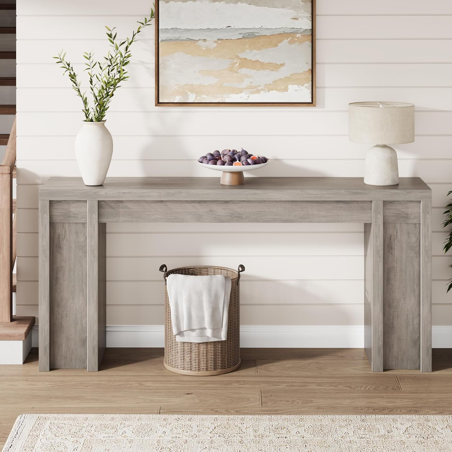Farmhouse Gray 70.9'' Extra-Long Wooden Console Table – 2 Drawers, 2-Tier Open Storage, Sturdy Mark-Resistant Entryway or Sofa Table for Living Room, Hallway, or Foyer – Gray Color