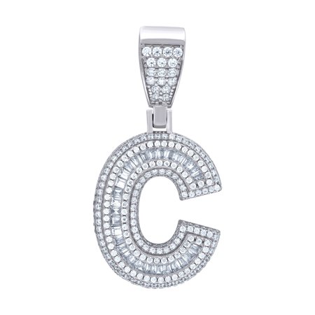 925 Sterling Silver Mens Baguette Cubic-Zirconia C Alphabet Initials Charm Pendant