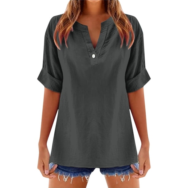 Blusa de mujer con cuello en V y manga corta de mezcla de lino: transpirable, sofisticada, informal/para el día a día. Tallas S-XXL. Contorno de pecho: 98-122 cm.