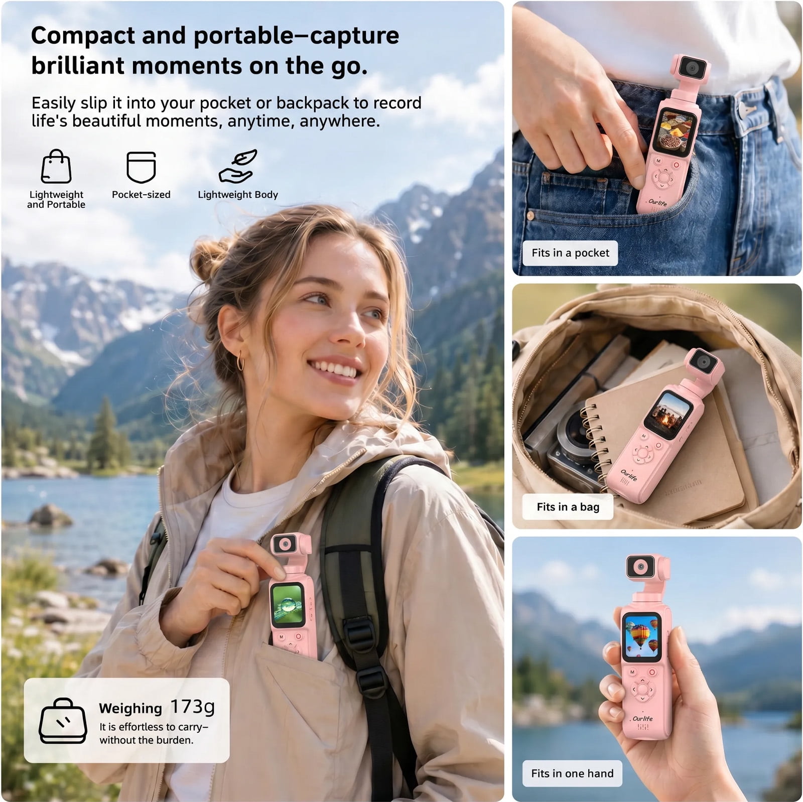 Ourlife 4K Vlogging Camera with 330° Rotation Gimbal, 1.72" Touch Screen, Face Tracking, 2400mAh Battery, 64GB Card, Pocket Digital Camera for Content Creators Pink