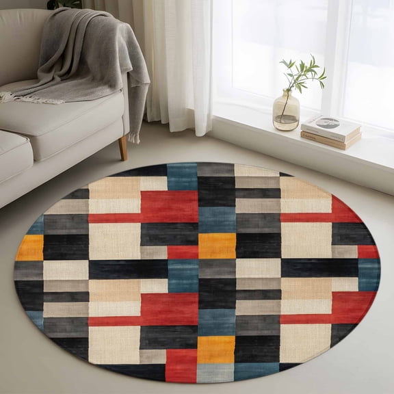 Round Area Rug 3 Ft, Colorful Geometric Washable Non-Slip Circle Carpet for Living Room/Bedroom, Modern Abstract Art Block Low-Profile Small Floor Mats Collection Rugs for Indoor