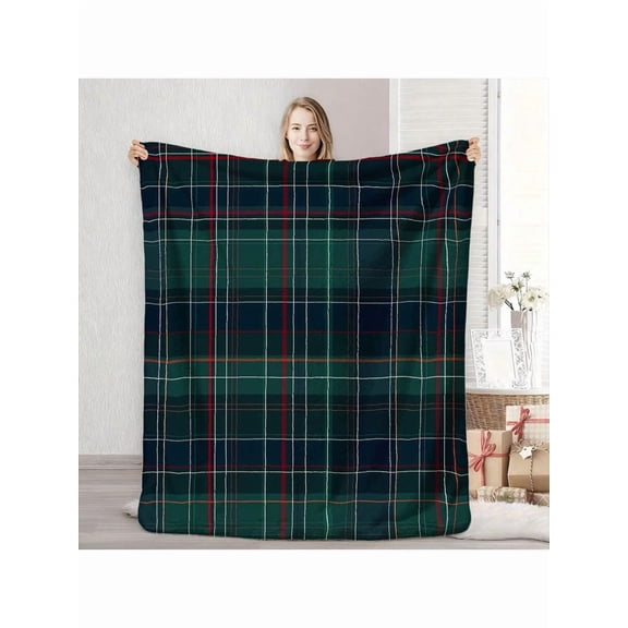 Plaid Tartan Pattern Fleece Blanket - Cozy Soft Throw Blanket For Couch, Bed, Or Outdoor Use - Green And Navy Checkered Design With Red Accents - Perfect For Home Decor Or Gift