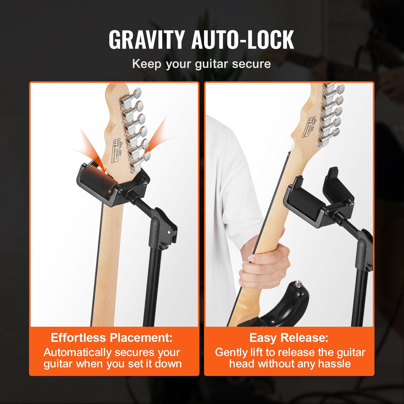 Floor-Standing Tripod Guitar Stand with Gravity Auto-Lock, Adjustable Height 35.4"-47.2", Foldable Design, Universal Fit for Acoustic, Electric & Bass Guitars