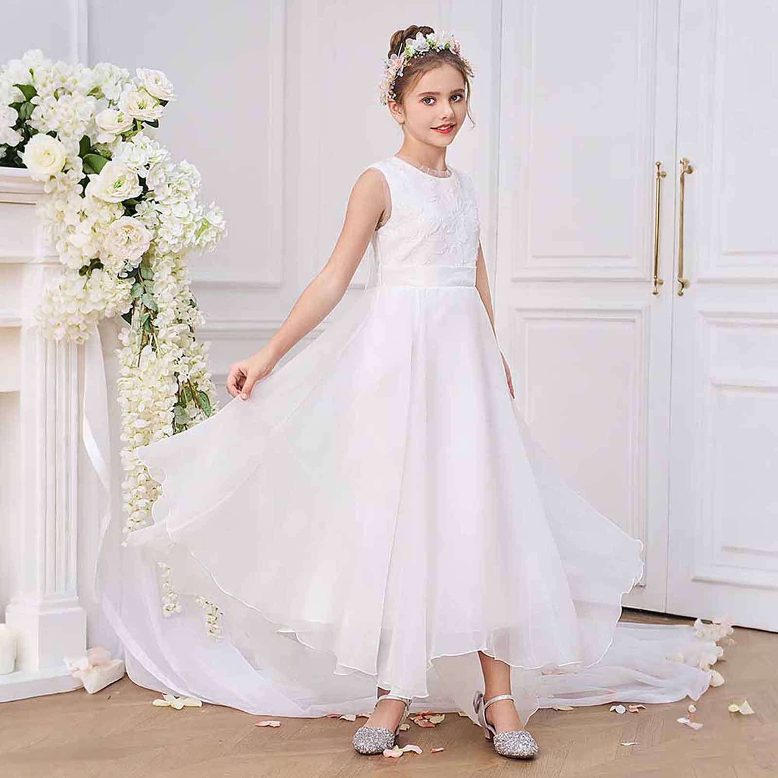 Wdgfv Elegant Girls Dresses Back V Neck Bow Dress For Kids 7-12 Years Old Casual Party Wear Comfortable Breathable Fabric Spring Summer Fall White 10-11 Years