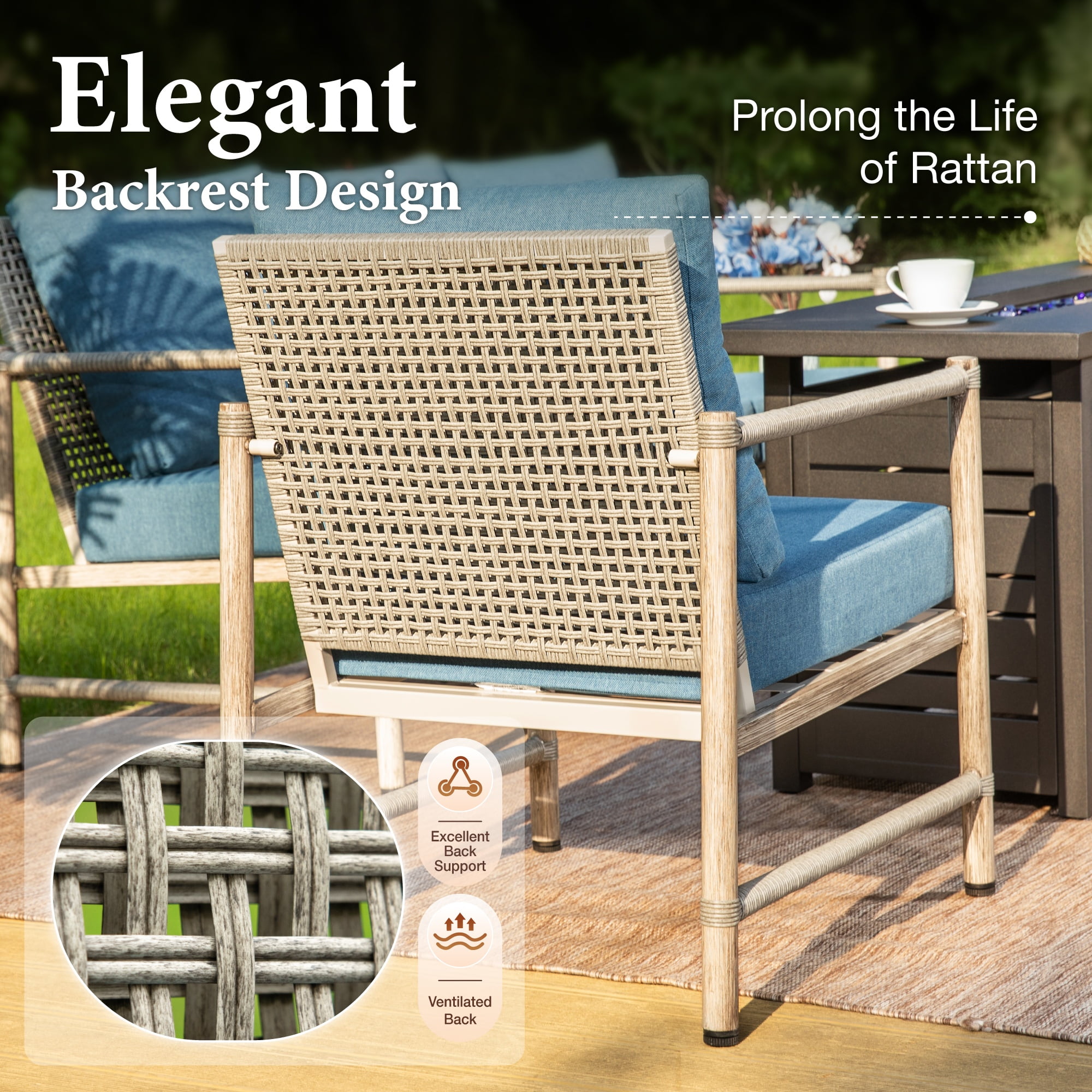 MF Studio 5-Seat Outdoor Patio Furniture Set with Wicker High Back Sofa, Wood-Grain Outdoor Conversation Set  for 5, Blue