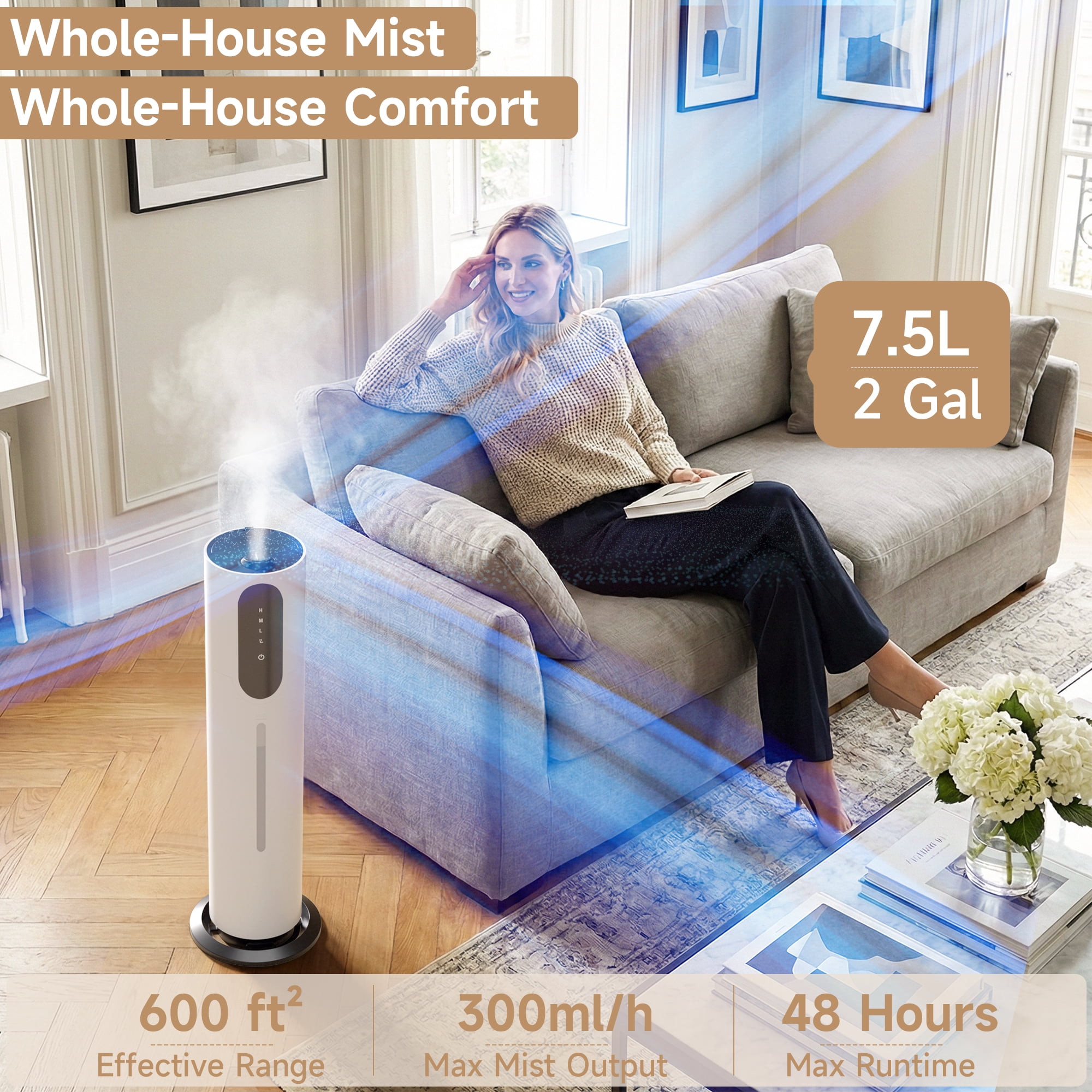 TOPTENG 2gal/7.5L Silent Humidifier for Bedroom Large Room – 3-Speed Ultrasonic Cool Mist, Purification & Filtration, Aroma Diffuser Box, for Indoor Home Use
