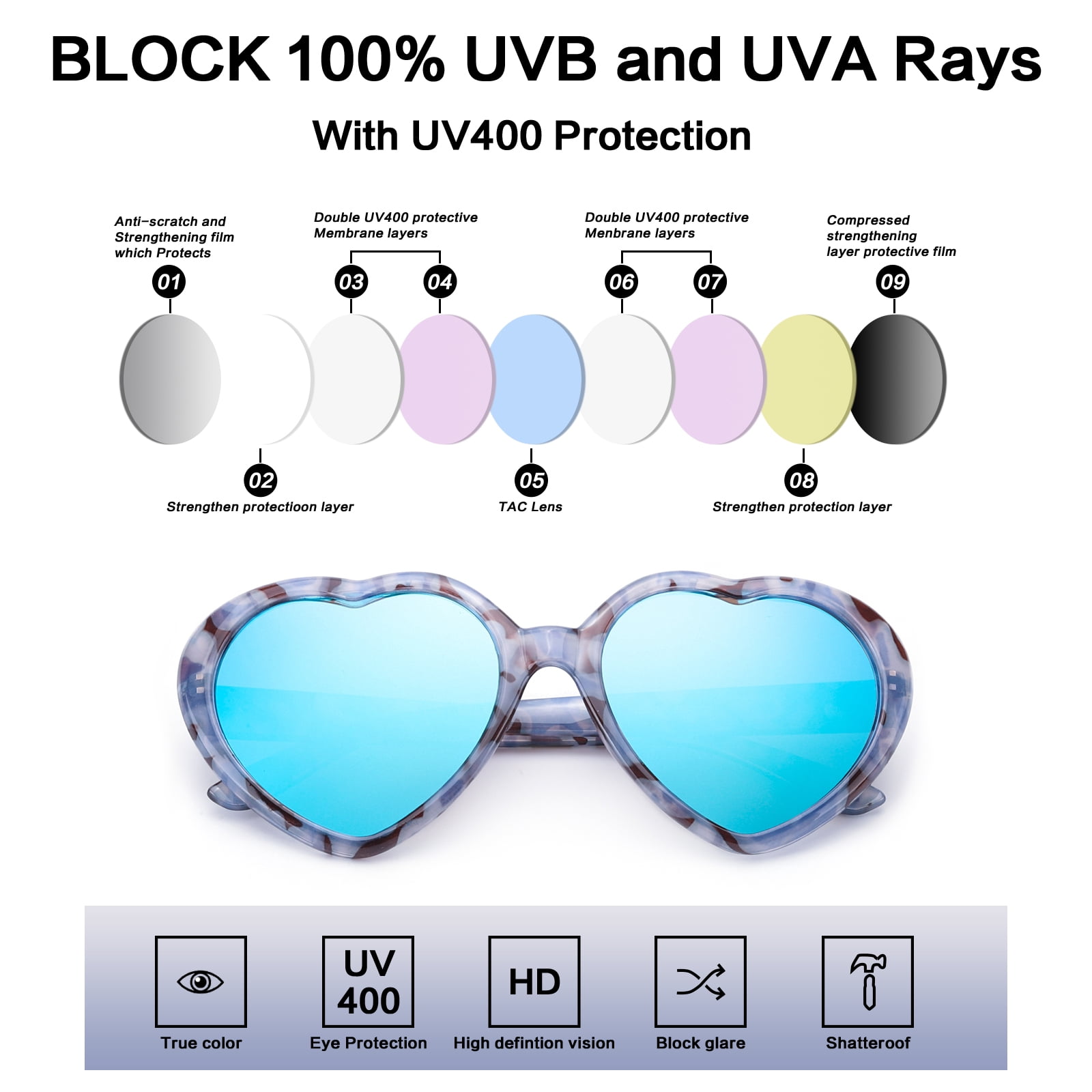 LVIOE Heart Sunglasses for Women, Polarized Heart Shaped Sunglasses with UV Protection Heart Style Retro Glasses for Shopping