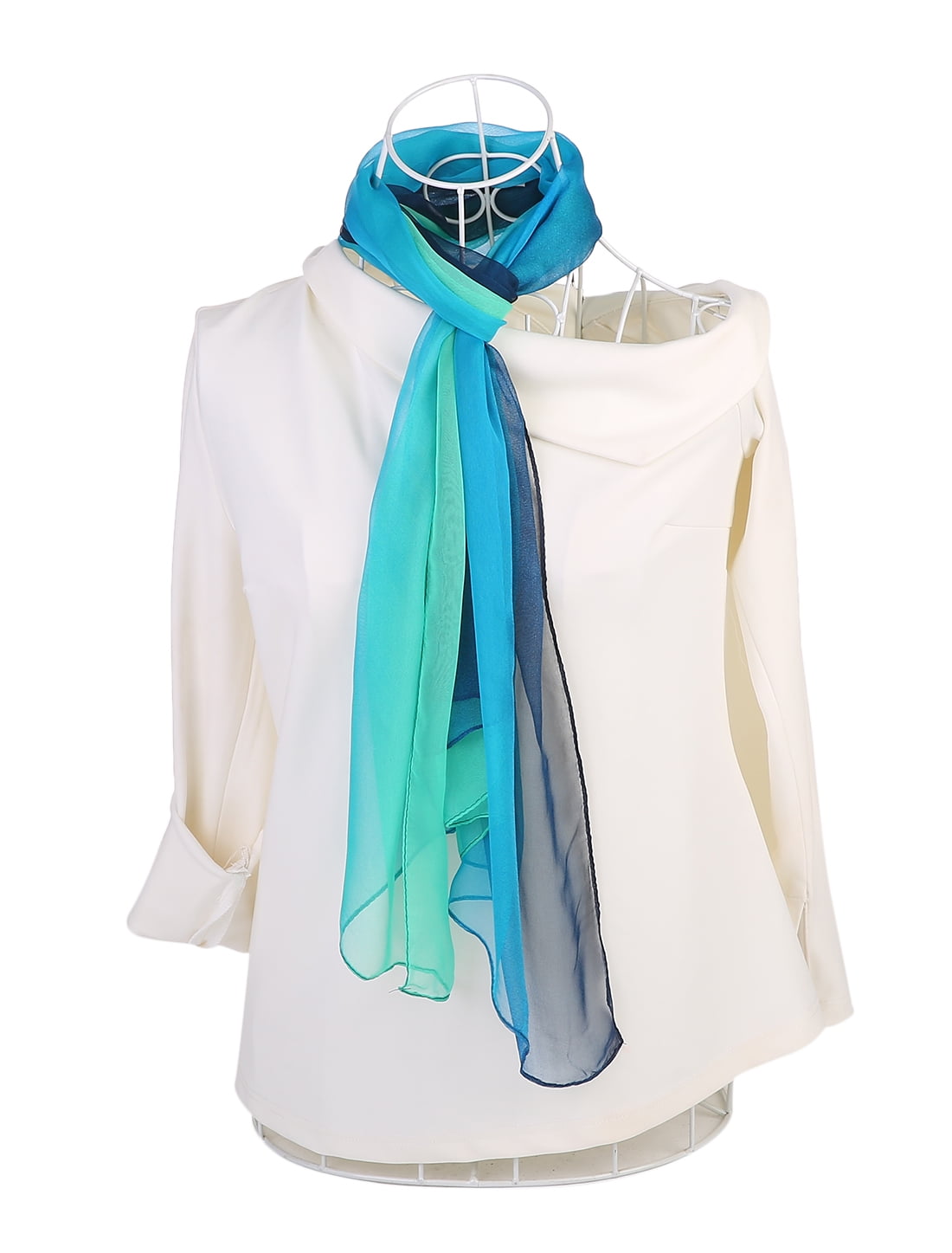 Unique Bargains Long Chiffon Lightweight Scarf Gradient Color Scarves Spring Summer for Women Blue Green / Orange 63"x19.6"