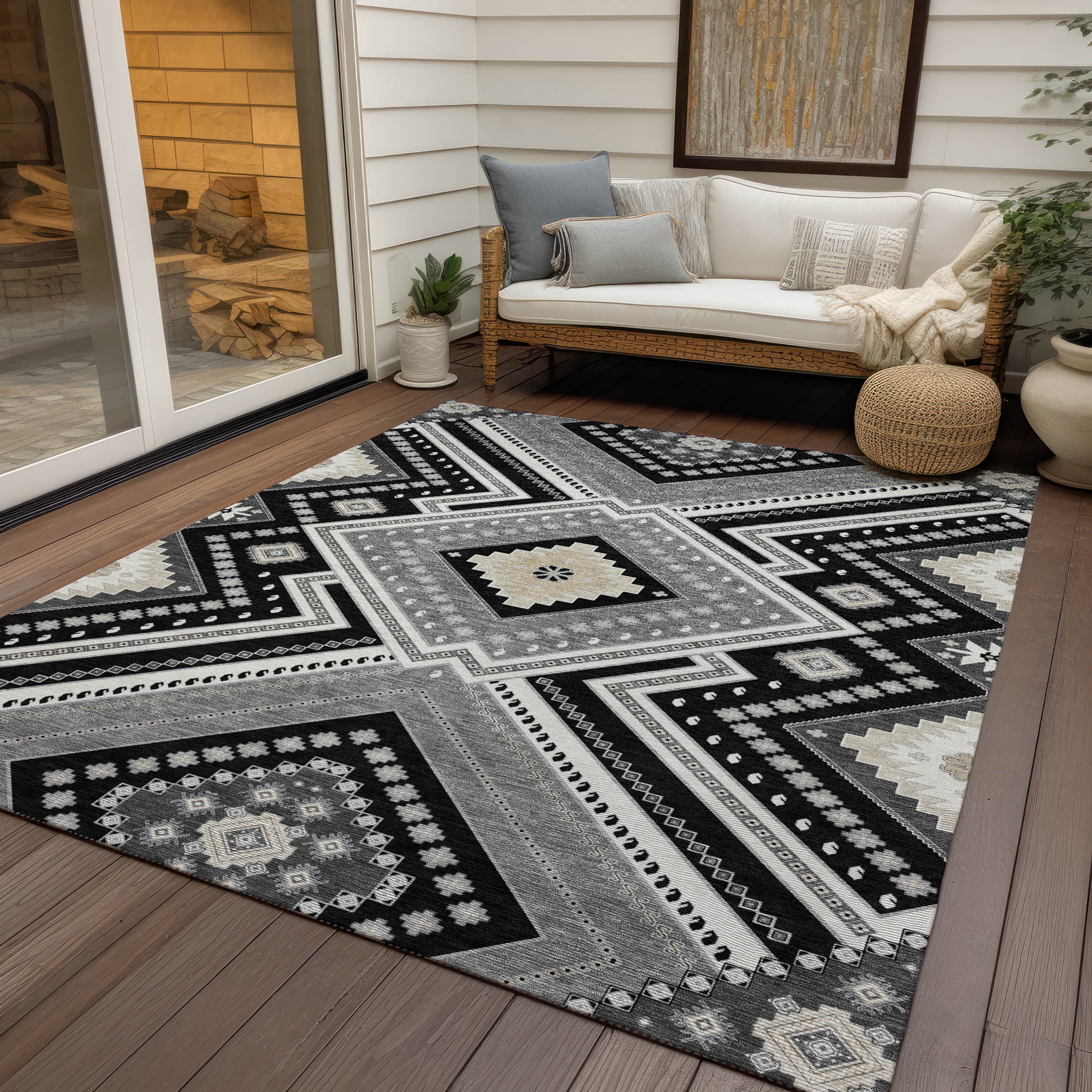 Addison Rugs Chantille Indoor/Outdoor Transitional Geometric, Abstract Black Washable Rectangle Rug, 9' x 12'