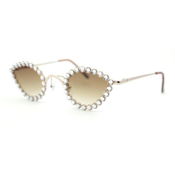 Large Rhinestone Rim Micro Small Hippie Cat Eye Metal Sunglasses Gold - Brown
