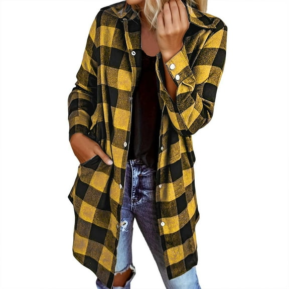 Wang6 Womens Plus Size Button Long Cardigan Causal Open Front Long Sleeve Lightweight Shirts Trendy Fall Plaid Printed Tunic Tops Outerwear with Pocket Yellow XL