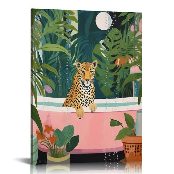 JRXY Bathroom Leopard in Bathtub Canvas Poster Painting Wall Art Tropical Botanical Leopard Picture Artwork Framed Print for Home Office Wall Decor 12x16 in
