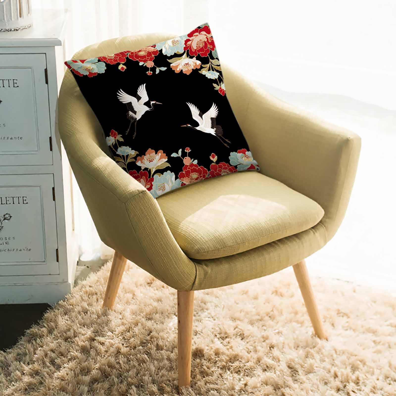Throw Pillow Covers 26x26 Inch, Black Crane Decorative Pillow Cases for Couch Sofa Bed, Vintage Red Teal Spring Floral Botanical Cotton Linen Square Home Decor Pillowcases with Hidden Zipper