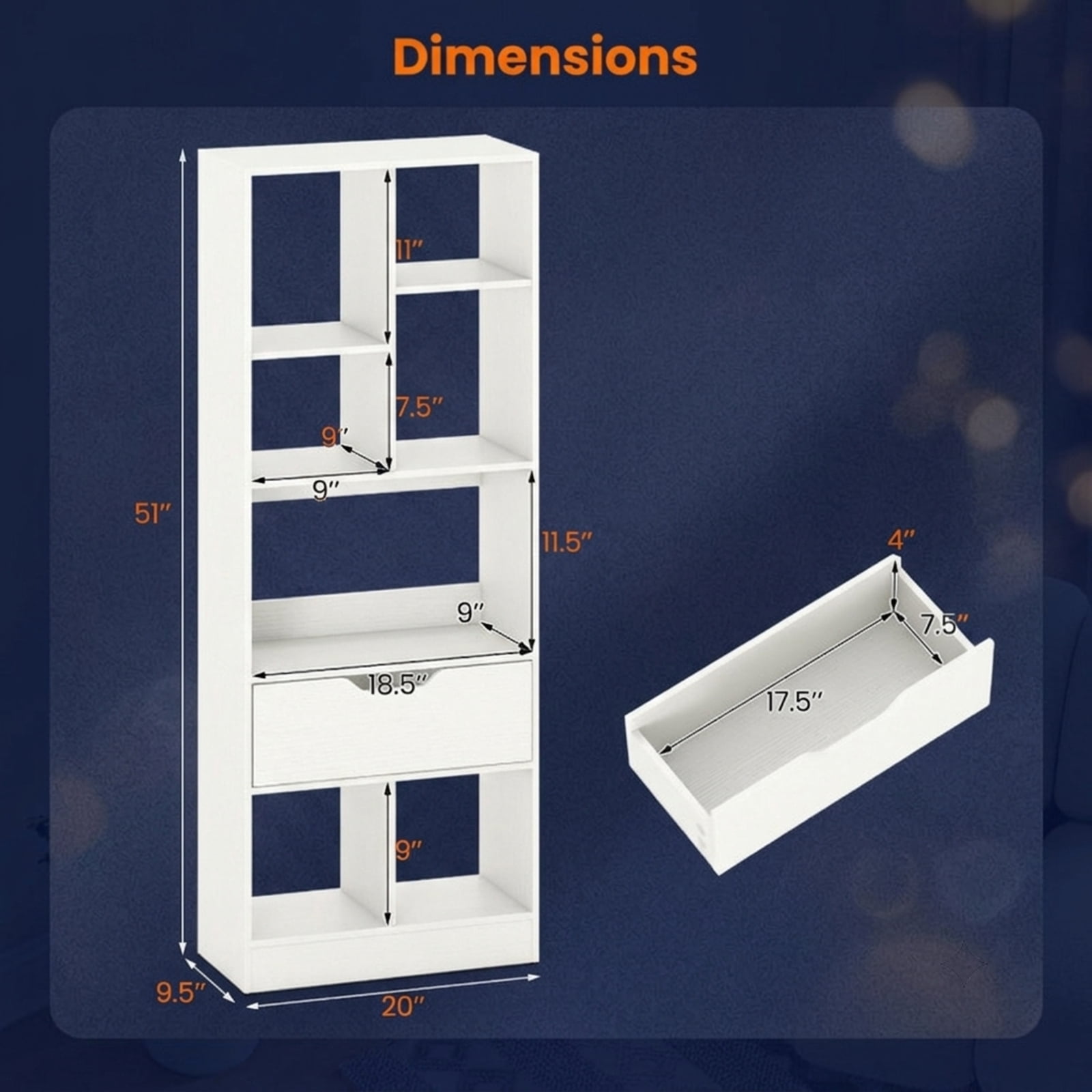 Furnibear 51 Inch Tall Freestanding Bookcase with Storage Drawer and 7 Open Cubes Slim Wood Storage Organizer for Bedroom and Office, White
