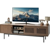 Claiks Mid Century Modern TV Stand for TV up to 70 inch, Entertainment Center with Sliding Barn Doors & Adjustable Shelve, Retro Low Profile Media Console TV Table for Living Room, Walnut
