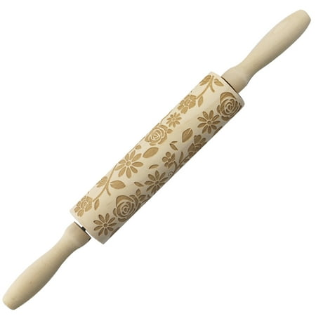 

FaLX Exquisite Rolling Pin Labor-saving Wood Flower Pattern Embossing Baking Roller for Daily