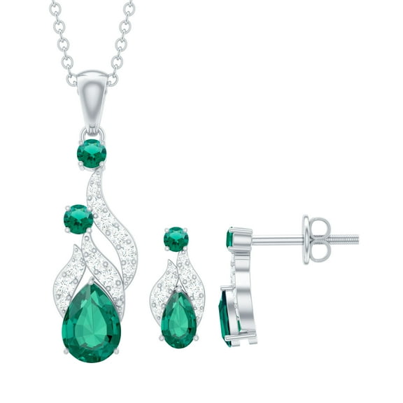 Rosec Jewels Lab Grown Emerald Pendant and Earrings Set - AAAA Grade - Emerald Diamond Bridal Jewelry Set - with Jewelry Box, 925 Sterling Silver