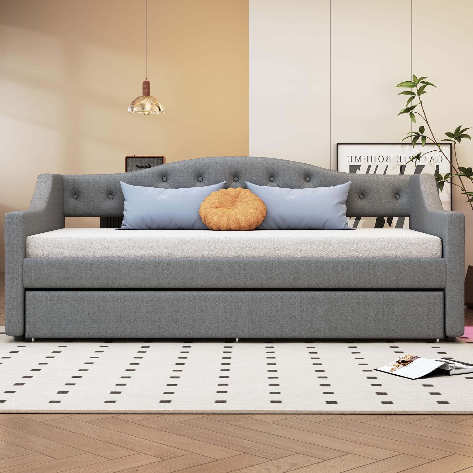 Euroco Upholstery Twin XL Daybed with Trundle and LED Light, Gray