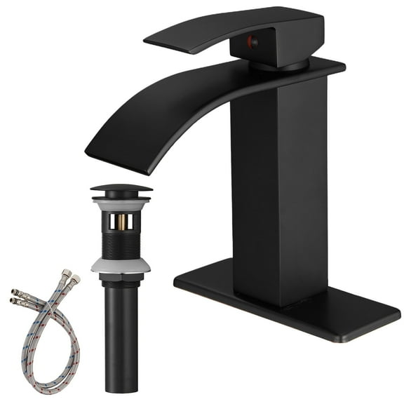 BWE Matte Black Bathroom Faucet Modern Waterfall Single Hole Faucet for Bathroom Sink Single Handle with Pop Up Drain with Overflow Assembly and Supply Line Lavatory Bath Faucet