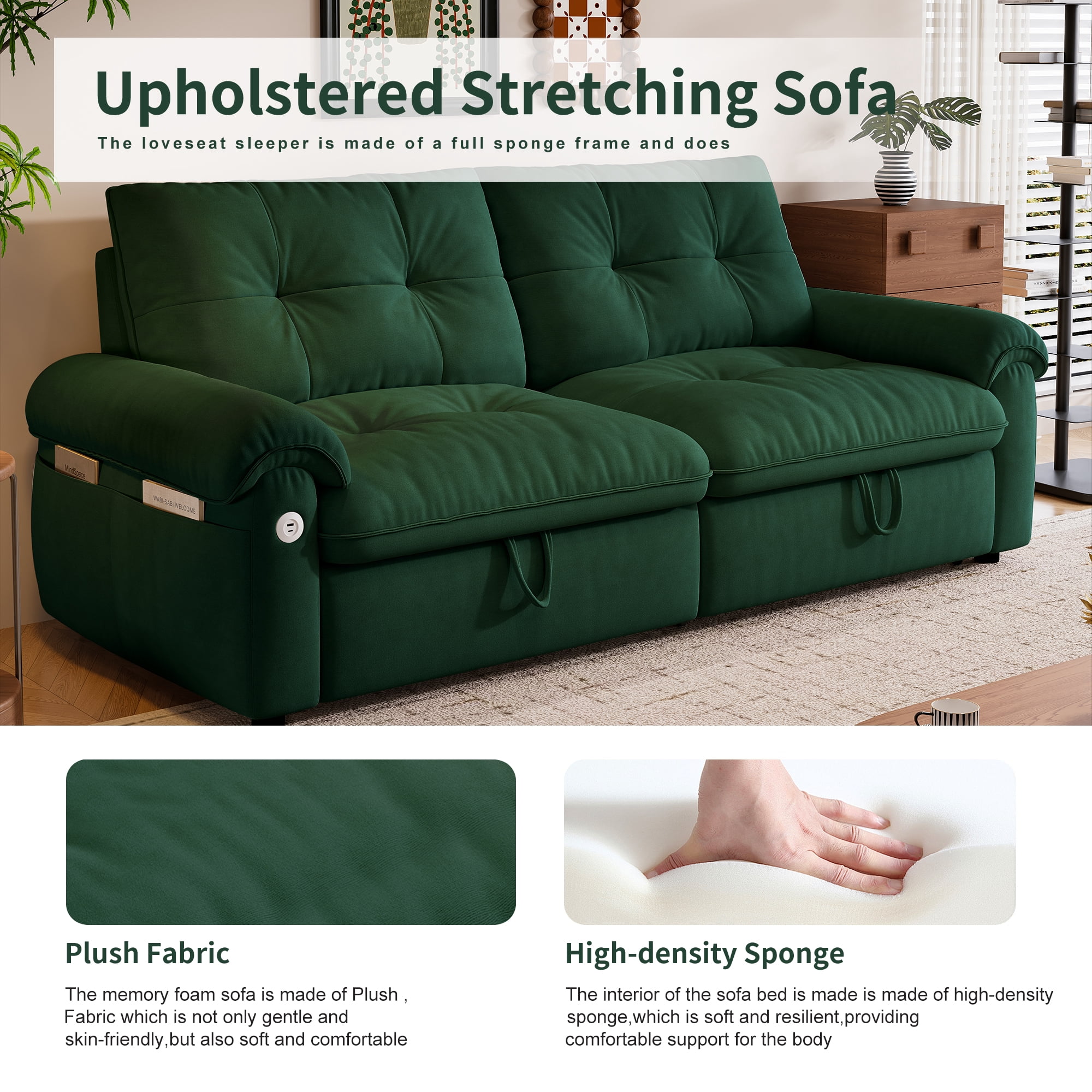 AISWORD 77"W Convertible Sleeper Sofa Bed,Velvet Pull-Out Loveseat Sofa Couch with USB Charging Port & Side Pockets,Modern Living Room Furniture for Small Spaces,Green