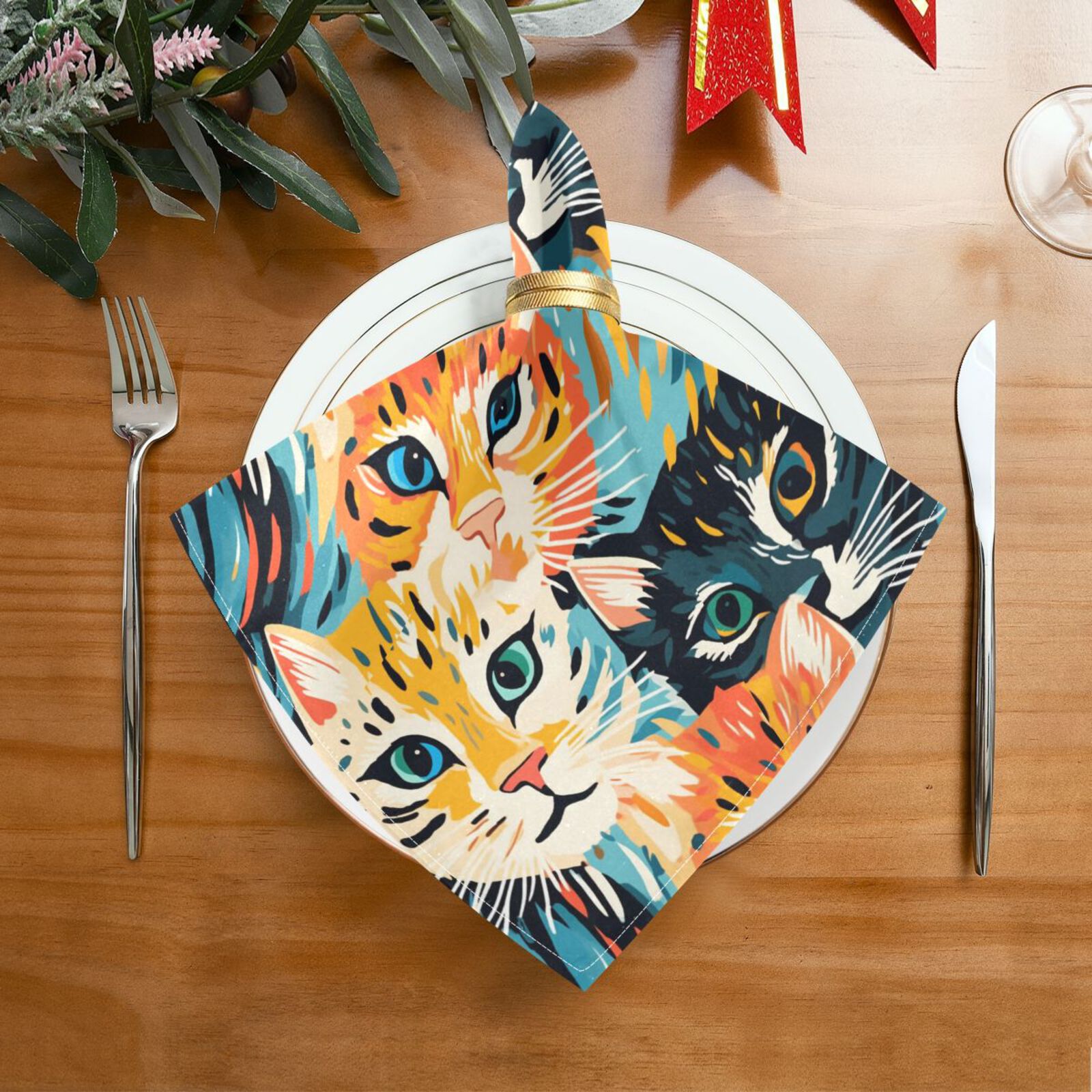 JSTEL Cat Painting Cloth Napkins Set of 6, 20x20 Inch Washable and Reusable Napkin for Decoupage Dinner Party Everyday Use