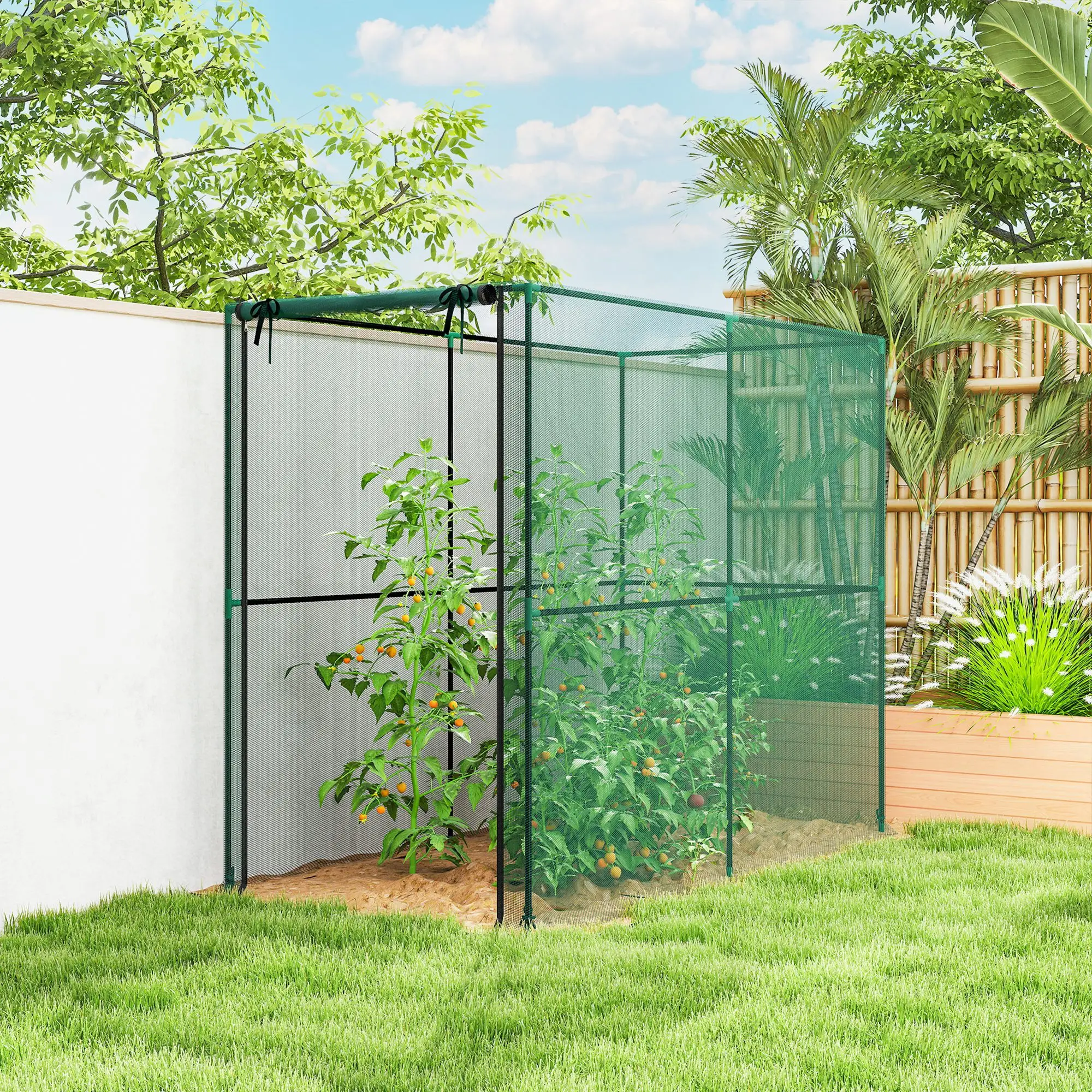 Plant Protector Cage with HDPE Mesh Cover & Roll-Up Zippered Door, U-Shaped Stakes for Stability, Crop Tent for Raised Beds Allotments