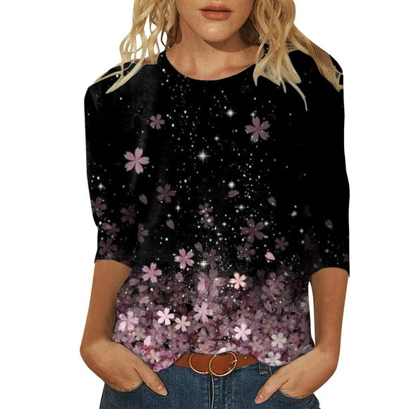 Women's Tshirts Daily Floral Sequins Print O Neck 3/4 Sleeve Crew Neck Loose Side Split Tees Womens Summer Tops Pink XXL