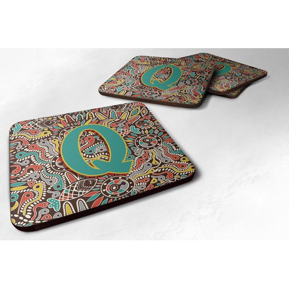 Letter Q Retro Tribal Alphabet Initial Foam Coaster Set of 4