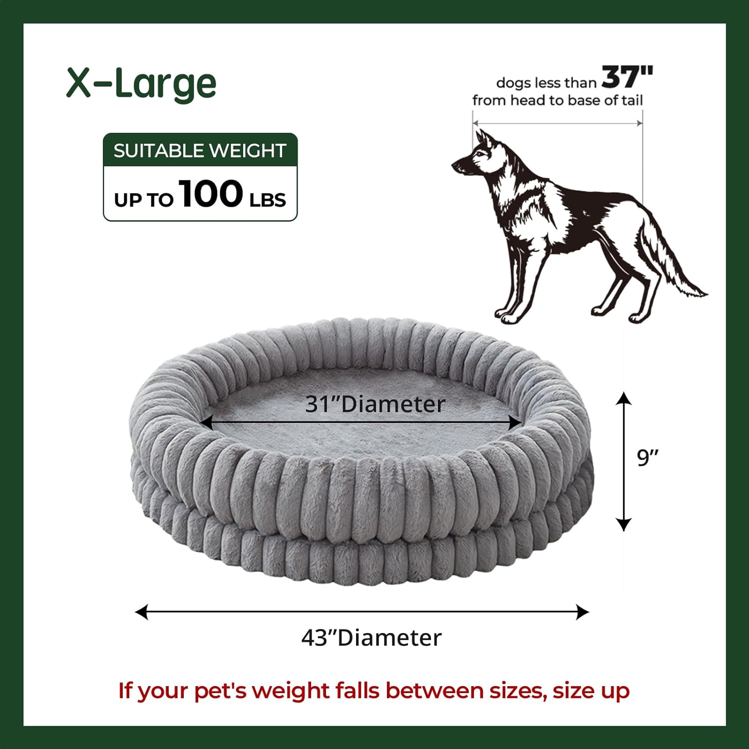 Luxury Donut Dog Bed, 43 Inches Round Dog Beds Large Sized Dogs Washable, Orthopedic Calming Dogs Bed for Pets with Anti-Slip Bottom, Gray