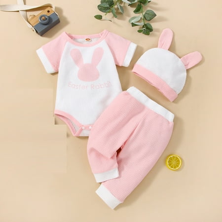 

RPVATI Newborn Infant Baby Toddler Clothes Cartoon Rabbit Short Sleeve Bodysuit + Pants Hat 2 Pieces Summer Outfits