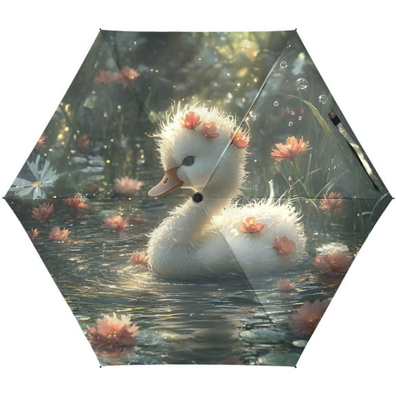 JSTEL Cute Duck Baby in The Pond Folding Umbrella for Rain Sun Travel Mini Lightweight Compact Umbrellas
