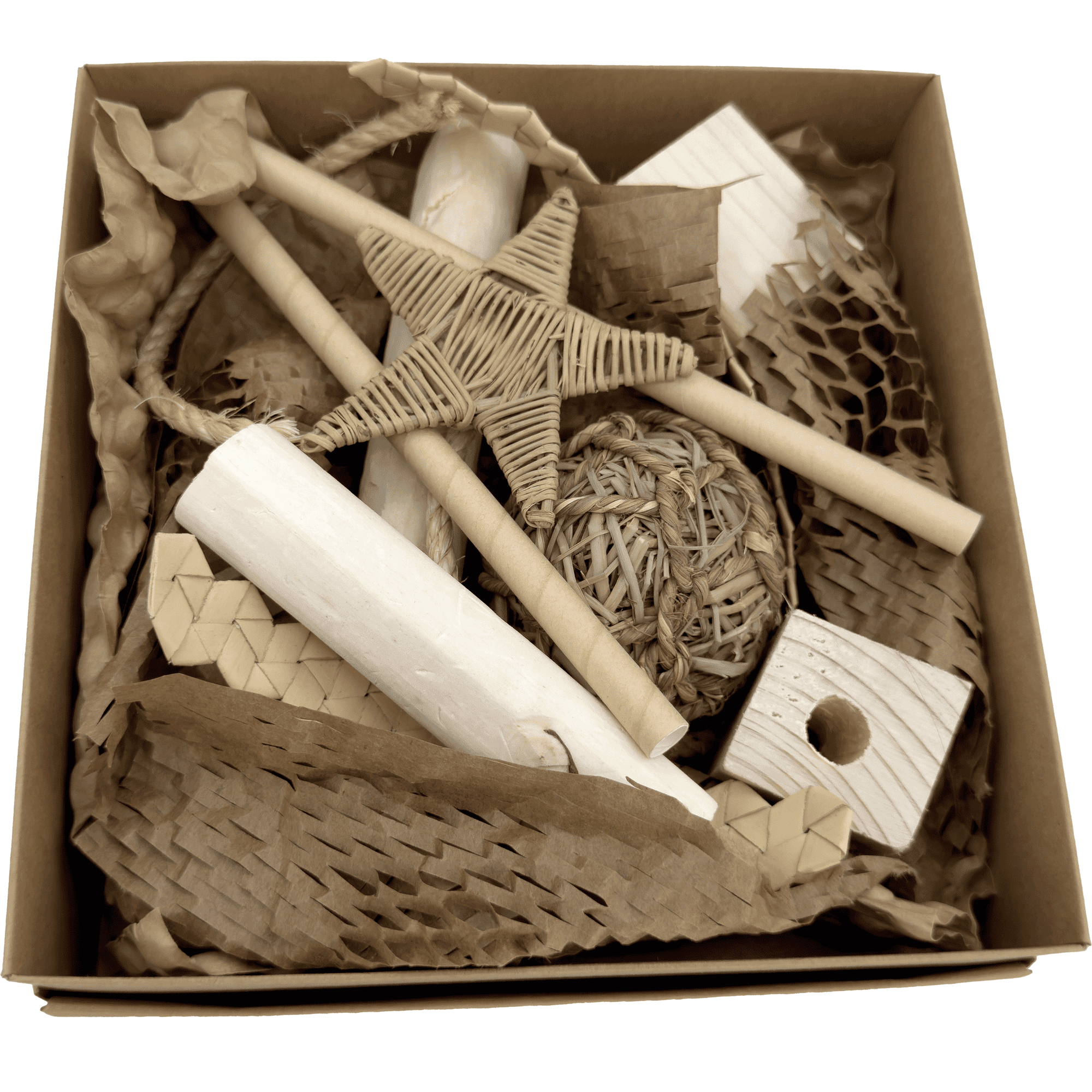 Impeckable Bird Toys 3105 Natural Seagrass Star Foraging Box with Vine Star Sola Wood Paper Rope and Palm Fiber Handcrafted by Us for Budgies Cockatiels Lovebirds and Parrotlets Small Size Birds