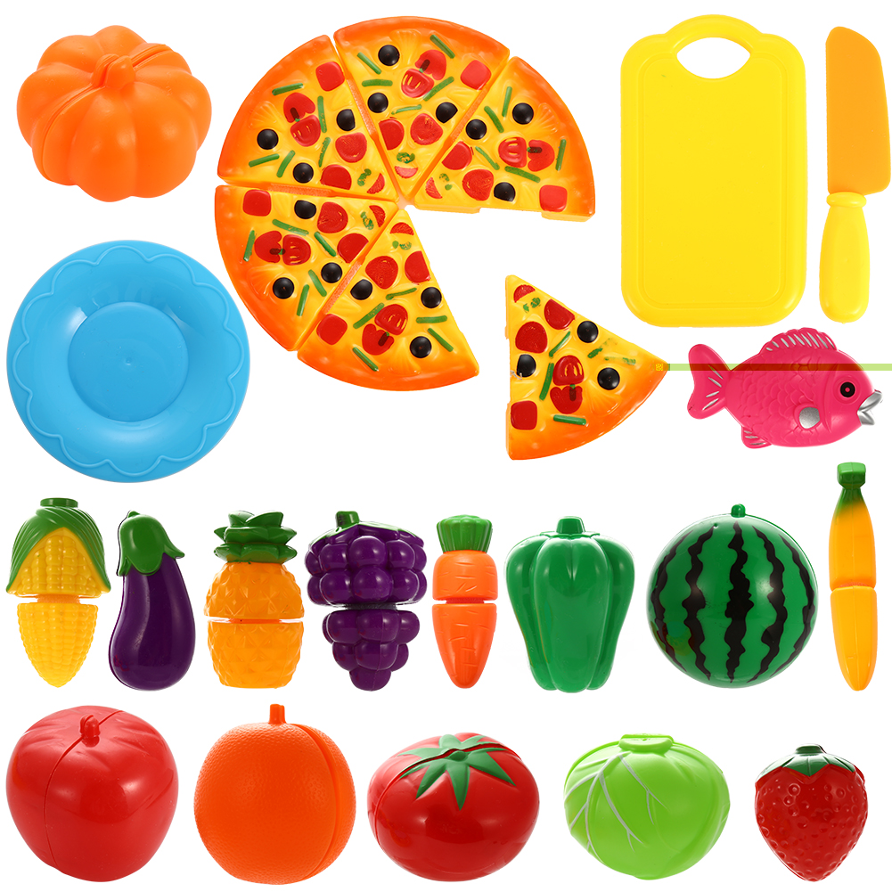 24PCS Plastic Cutting Fruits and Vegetables Set with Pizza Play Food Set for Pretend