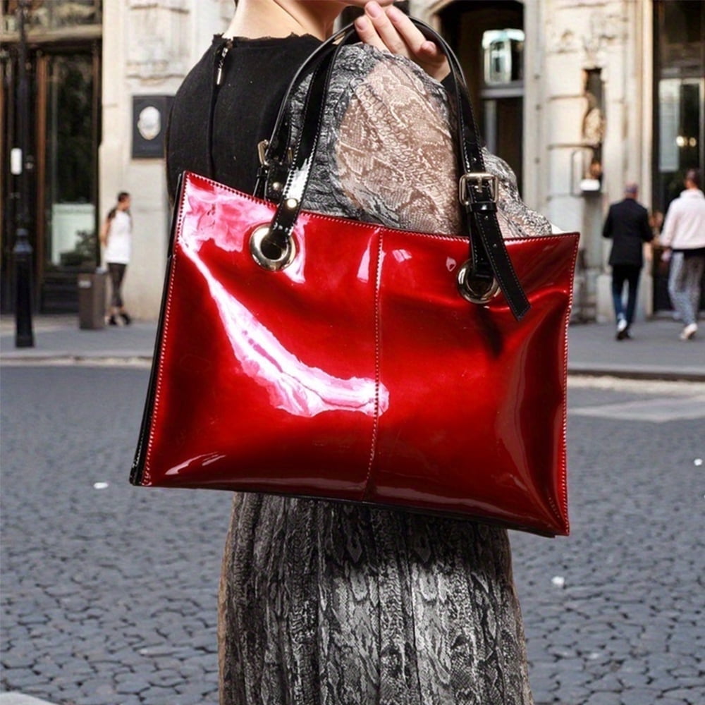Feimina Patent Leather Shoulder Bag For Women,Genuine Shiny Large Leather Bag,Designer Luxury Handbags Women ,Wine Red Tote Purse, Large Capacity