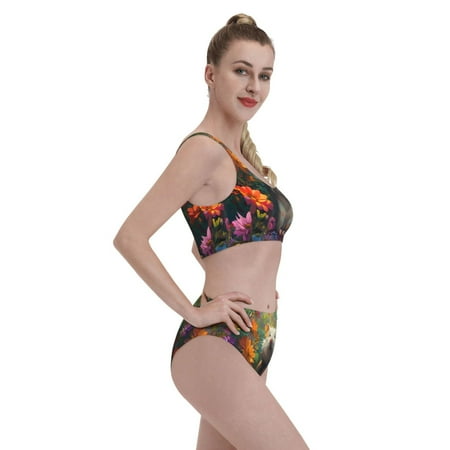 Goofa Colorful Flower Meditating Hamster Pattern High Waisted Bikini Set - Two Piece Swimsuit for Women  Summer Bathing Suit Trendy Swimwear-XX-Large