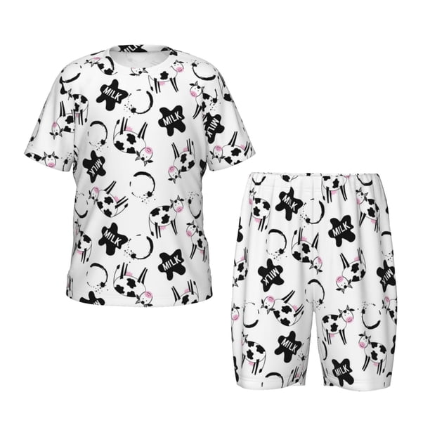Balery Cute Cow and Milk Stains Conjunto de Pijama Infantil de Manga Corta con Estampado – Ropa de Dormir de Algodón Suave-Large