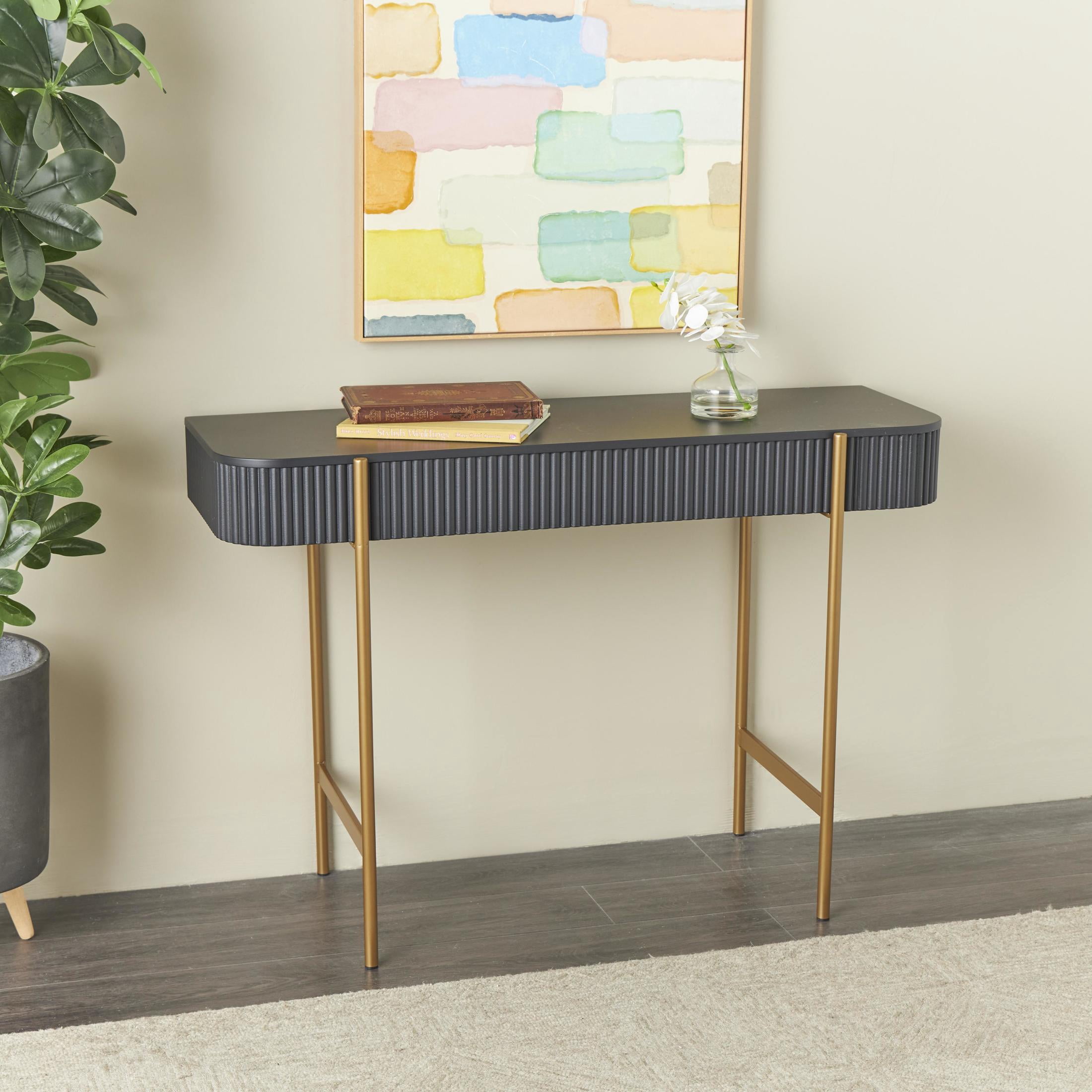 DecMode 42" x 30" Black Wooden Rounded Rectangular Ribbed Console Table with Gold Metal Legs, 1-Piece