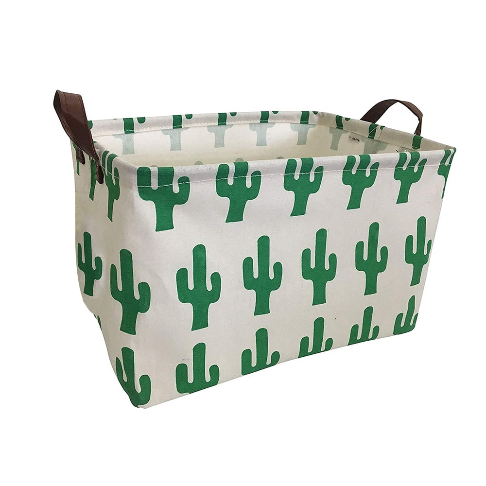Green Sea Team Large Size Canvas Laundry Hamper Collapsible Storage Basket with Nautical Cactus Pattern 19.7 by 15.7 inches 