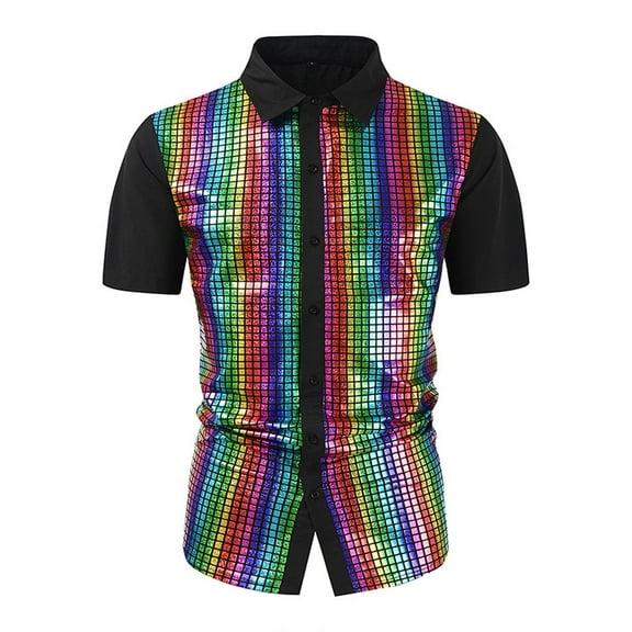 Mens 70s 80s Shiny Sequin Shirts Metallic Party Costume Short Sleeve Button Down Shirts Funny Nightclub Tee Shirt
