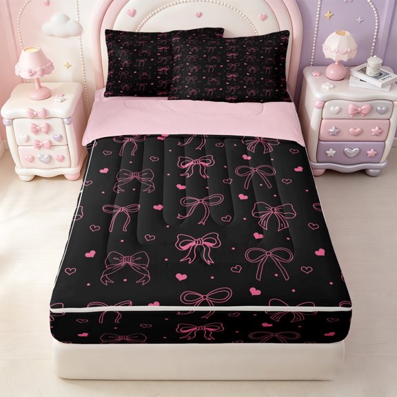 Erosebridal Pink Heart Bow Zipper Twin Comforter Sets with Fitted Sheet and 2 Pillowcases,Dreamy Princess Bowknot Zipper Bedding Set For Girls,Pink Reversible,4 Pieces