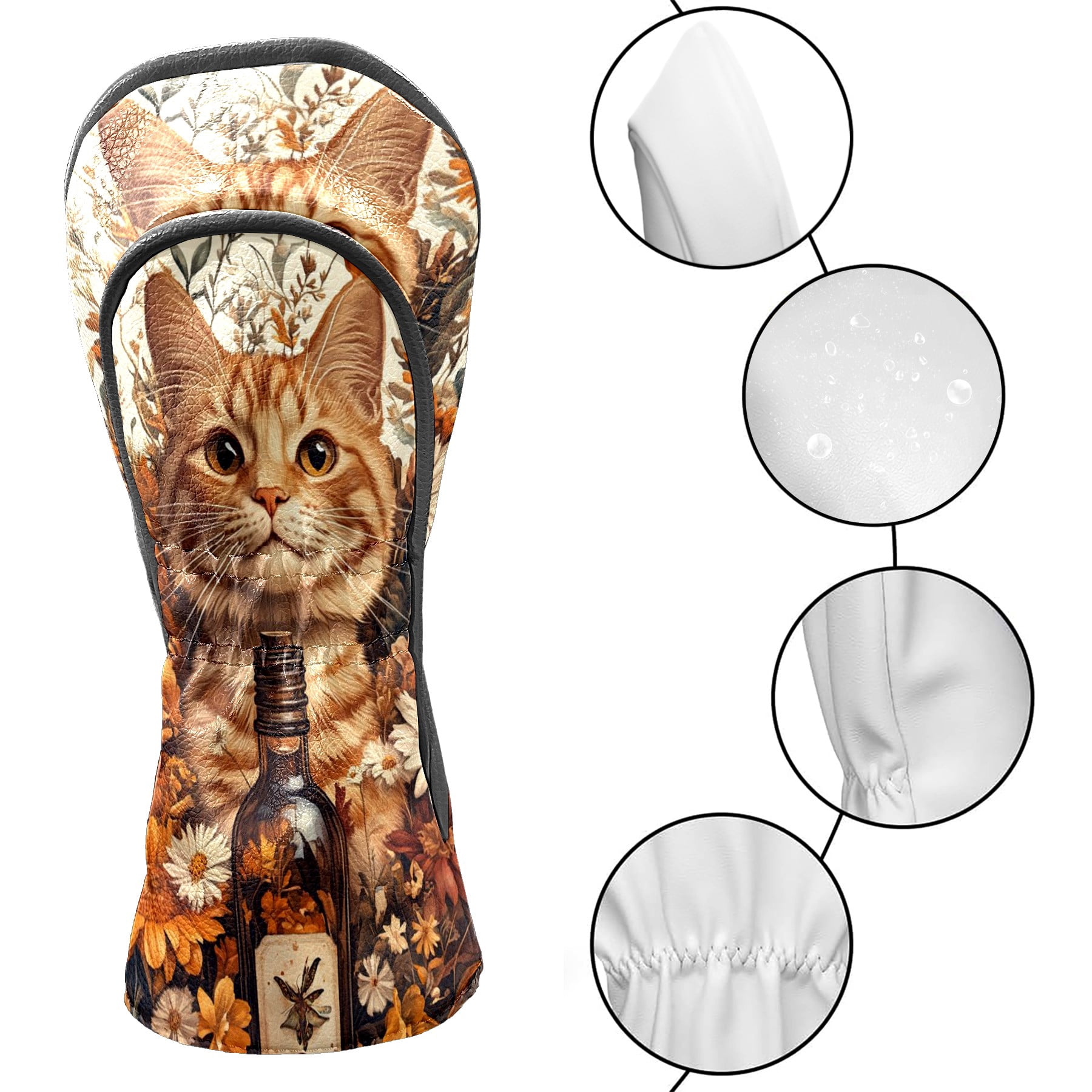Golf Club Covers PU Leather Waterproof Head Covers for Fairway Woods Hybrids Orange Cat Unisex Fits Most Brands