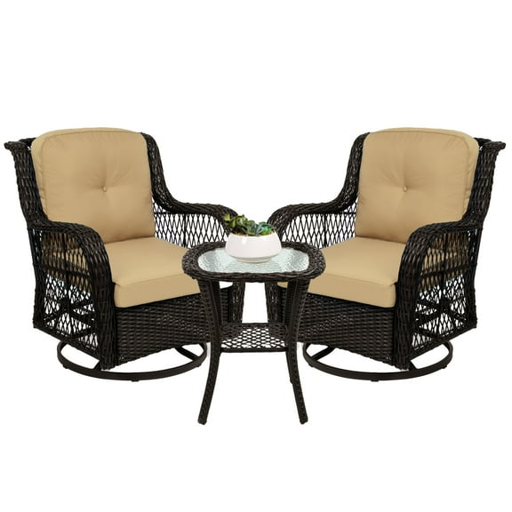 Best Choice Products 3-Piece Patio Wicker Bistro Furniture Set w/ 2 Cushioned Swivel Rocking Chairs, Side Table - Beige