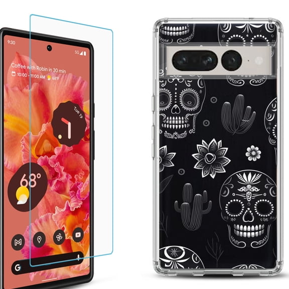 Shockproof Bumper Phone Case for Google Pixel 7, with Tempered Glass Screen Protector, by OneToughShield ® - Skull Mix