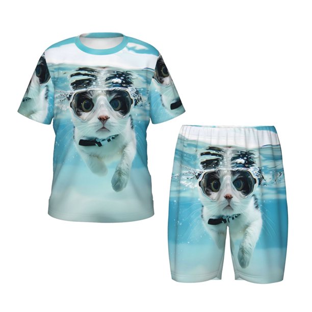 Fotbe Swimming Cat Goggles Pijama Estampada de 2 Piezas para Niños – Ropa de Dormir de Manga Corta Cómoda para Niños y Niñas, Camiseta y Shorts de Algodón-3X-Large