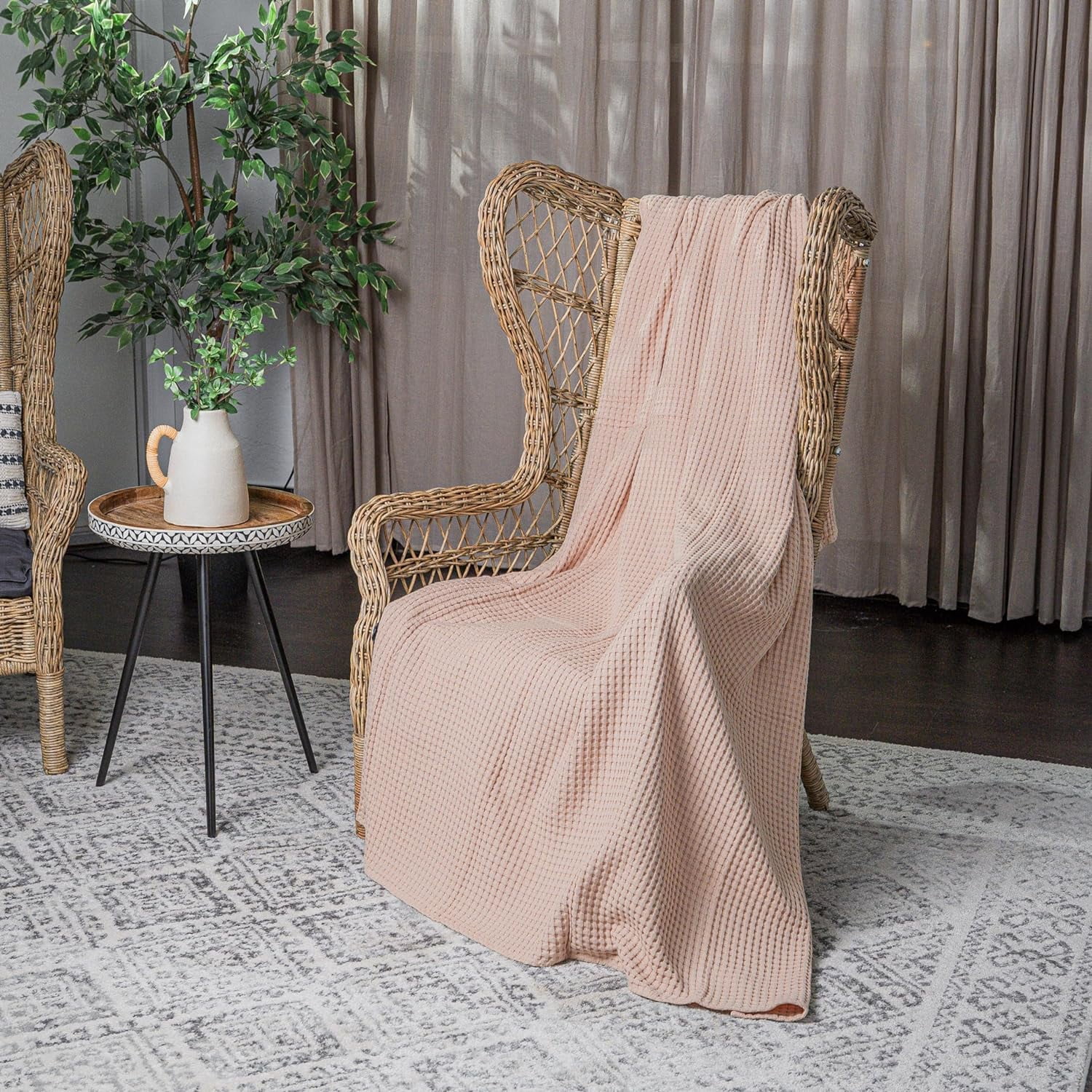 Comfy Cubs 100% Cotton Waffle Weave Blanket - Soft Lightweight Blankets (Blush, 90" X 66")