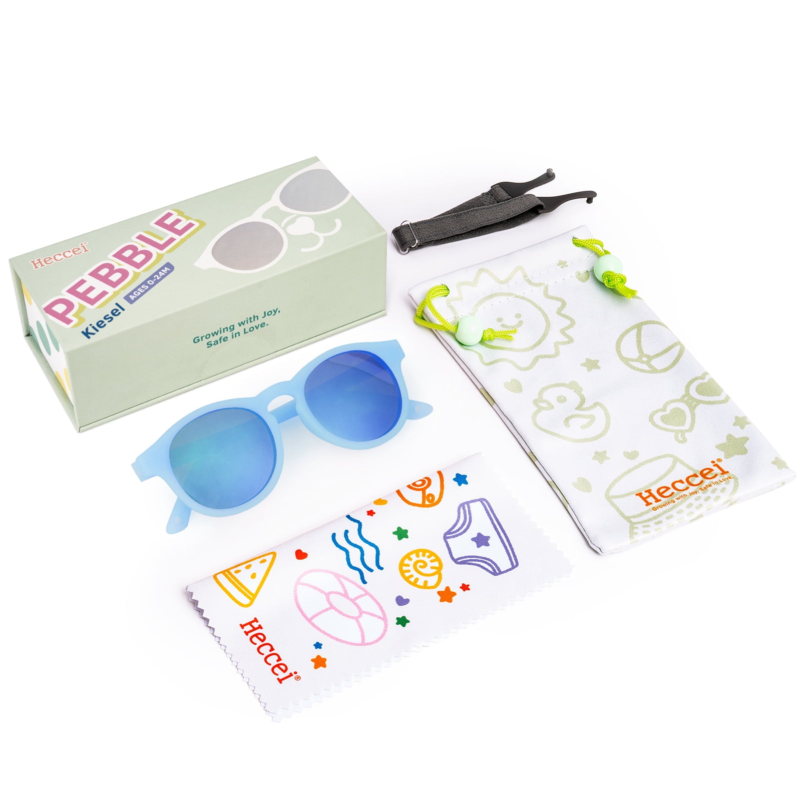 HECCEI Pebblie Baby Sunglasses with Strap - UV400 Polarized Sunglasses, Ages 0-2 Blue