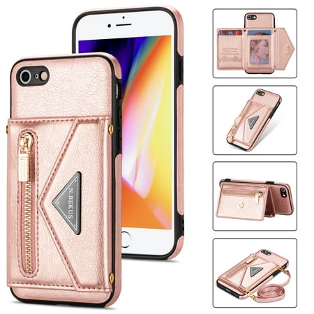 Crossbody Wallet Women Case for iPhone 7 Plus, iPhone 8 Plus,Credit Card Holder Phone Case with Shoulder Strap, PU Leather Kickstand Back Flip Envelope Design For iPhone 8 Plus/7 Plus, Pink