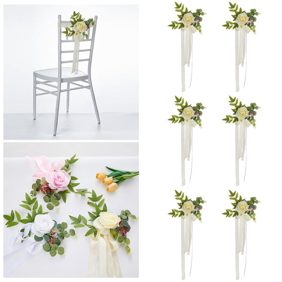 6Pcs Wedding Chair Decorations Pew Flowers For Wedding Aisle Decoration Pew Flowers With Artificial Flowers Eucalyptus And Ribbons For Chair Party Ceremony, Light Yellow